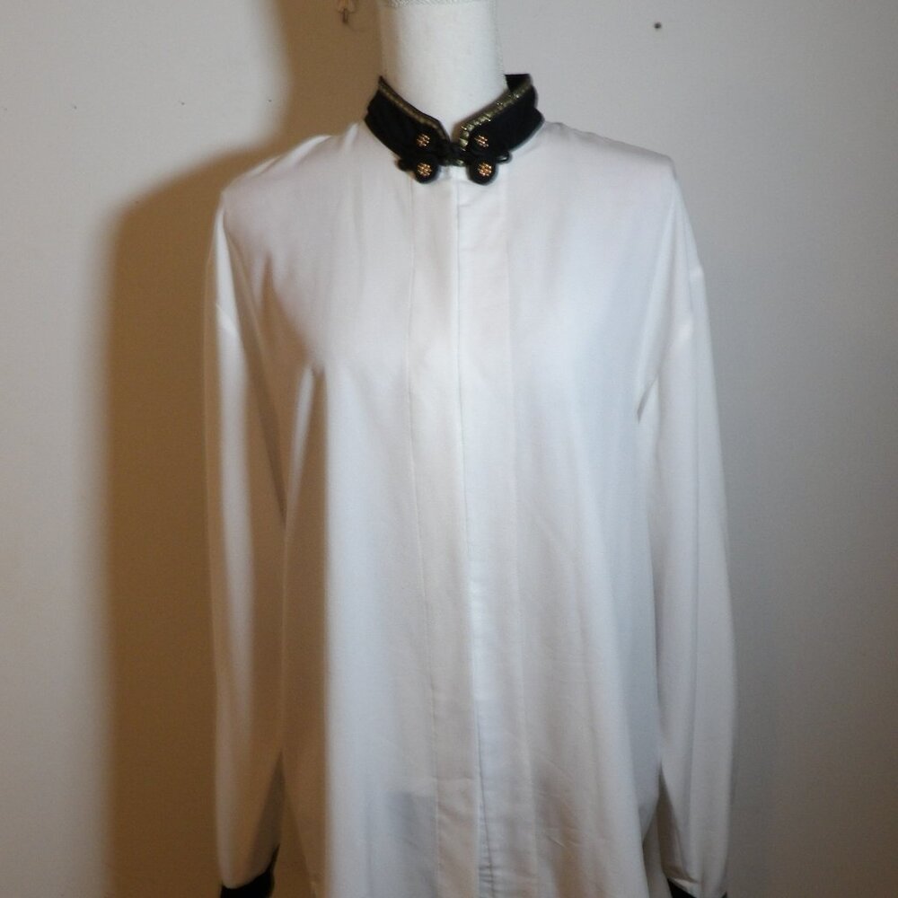 Tess Vintage Dressy Blouse Button Front Sz L High Neck Long Sleeve Shoulder Pads - Picture 2 of 5
